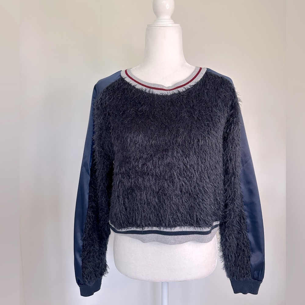 NWT Love Is Made In Italy Furry Sweatshirt in Navy, silver & Red